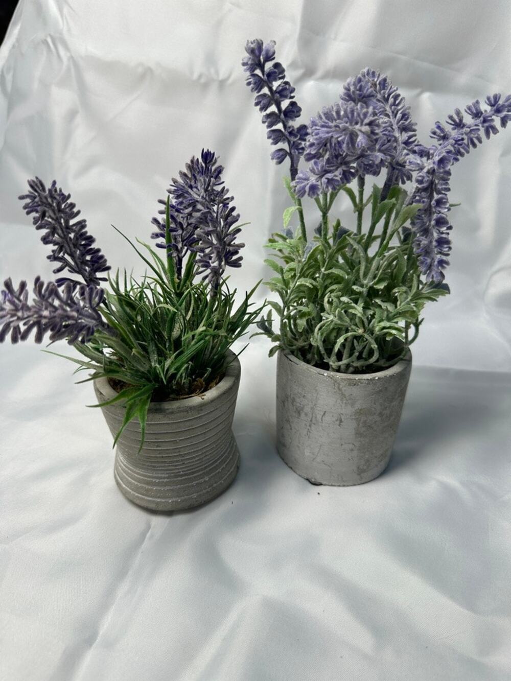 2 Pc Faux Lavender Plants Purple Flowers Gray Cement Pots Farmhouse Decor